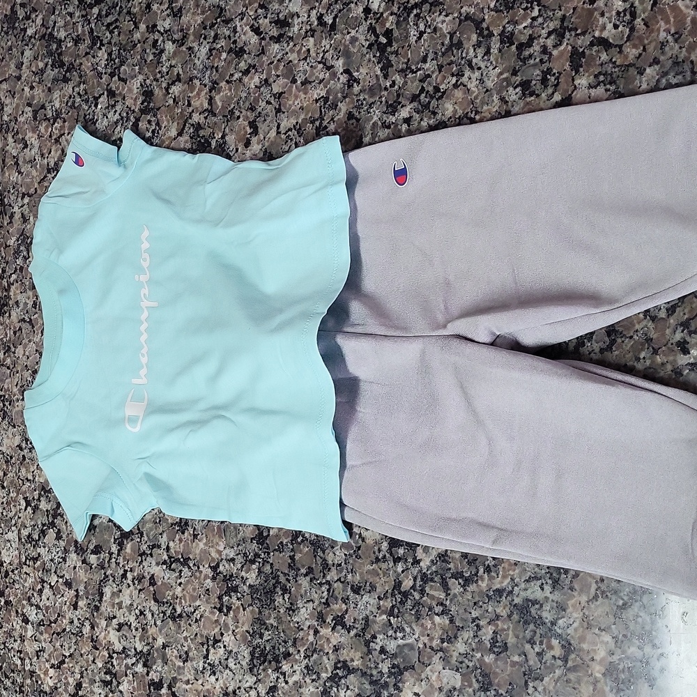 Champion 18M baby gray pants with baby blue t shirt short sleeved new no tags